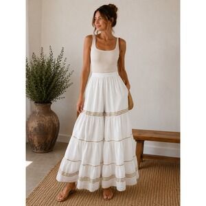 White Tiered Skirt Pants Culottes Gold Trim Boho Prairie Wide Leg